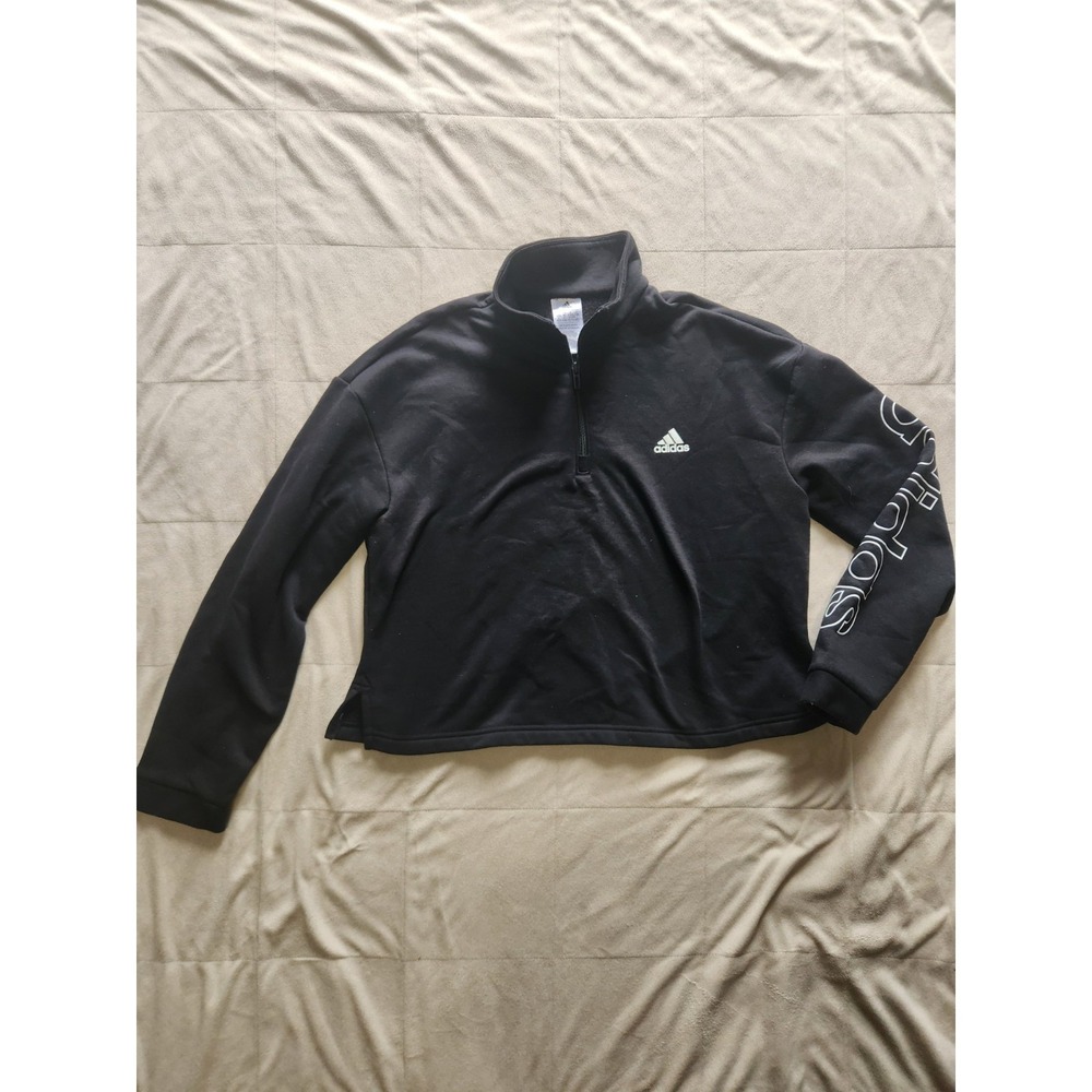 Adidas Womens Black Partial Zip Pullover Athlesuire Sleeve Logo Black White XL